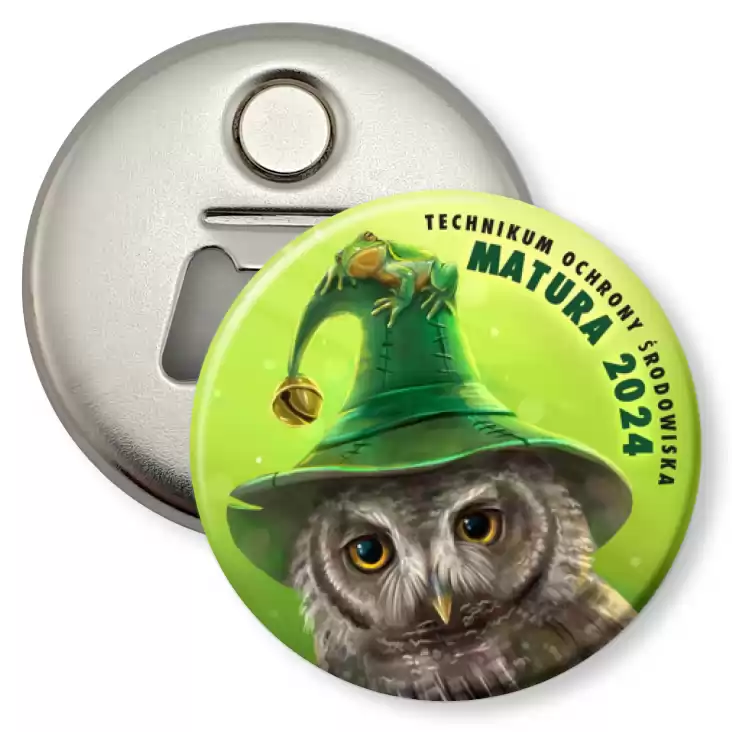 przypinka otwieracz-magnes Matura sowa w zielonym kapeluszu