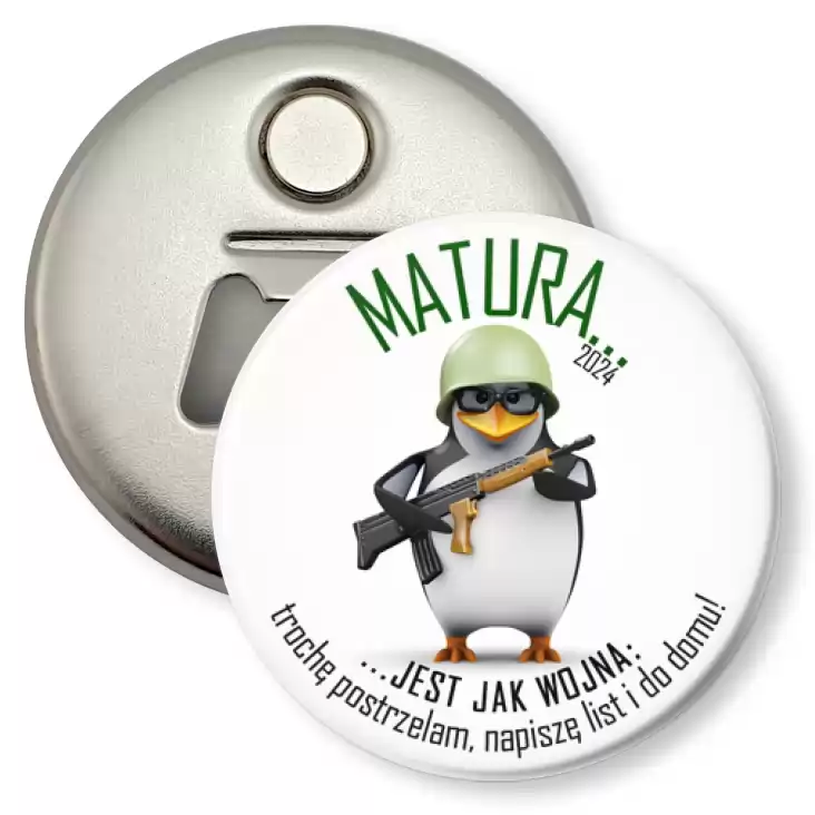 przypinka otwieracz-magnes Matura pingwin żołnierz w kasku z karabinem
