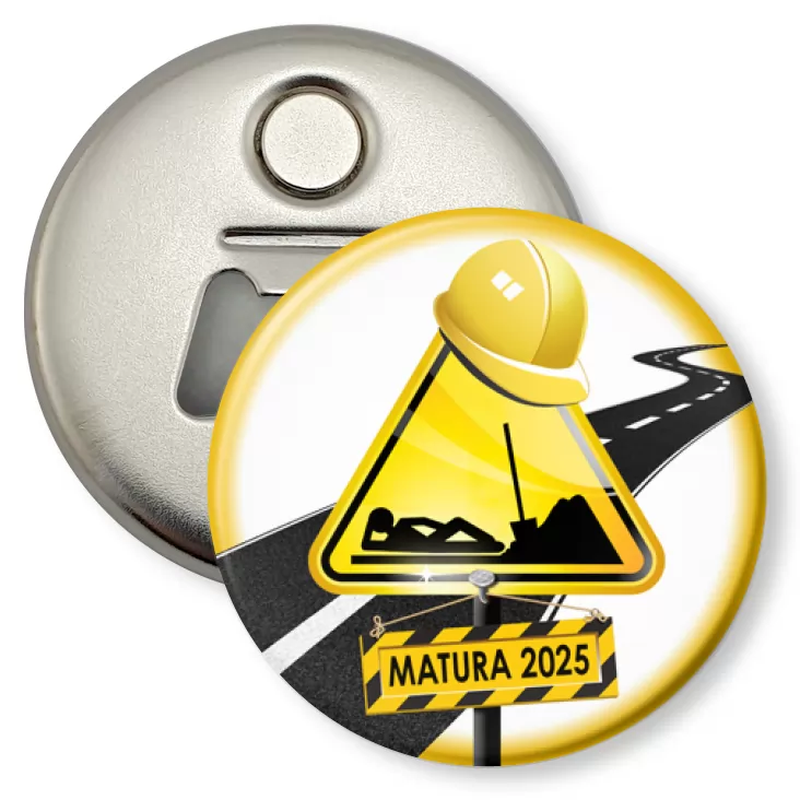 przypinka otwieracz-magnes Matura znak drogowy z kaskiem