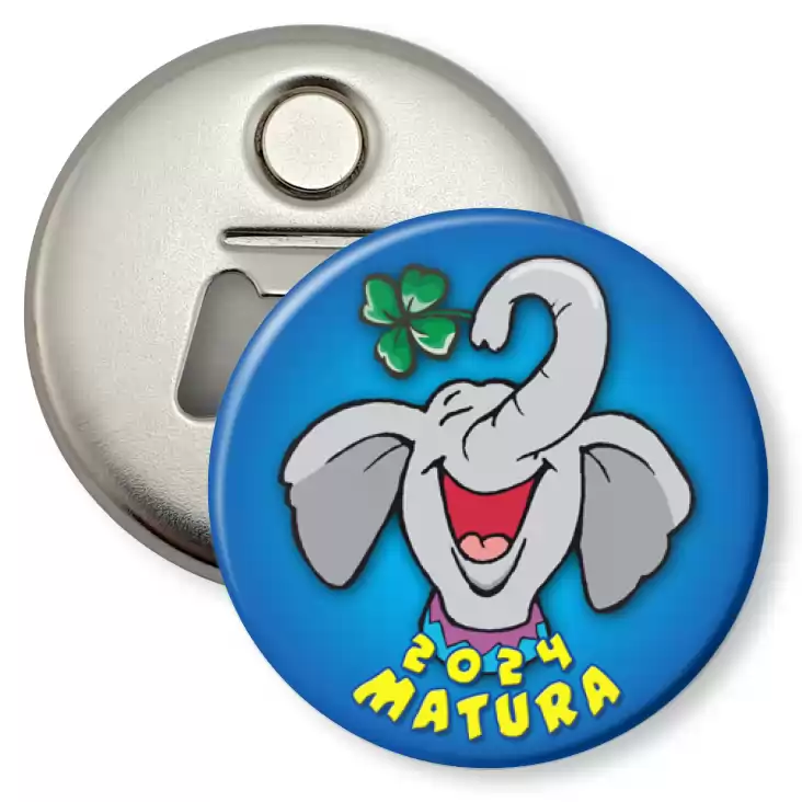 przypinka otwieracz-magnes Matura uśmiechnięty słoń z koniczynką