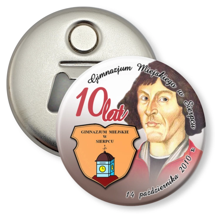 przypinka otwieracz-magnes 10 lat Gimnazjum Miejskiego w Sierpcu