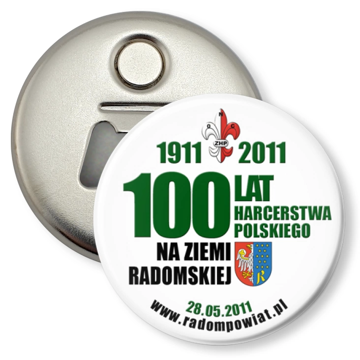 przypinka otwieracz-magnes 100 lat ZHP na ziemi radomskiej
