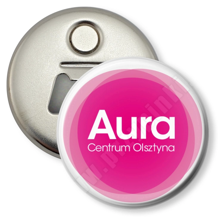 przypinka otwieracz-magnes Aura Centrum Olsztyna