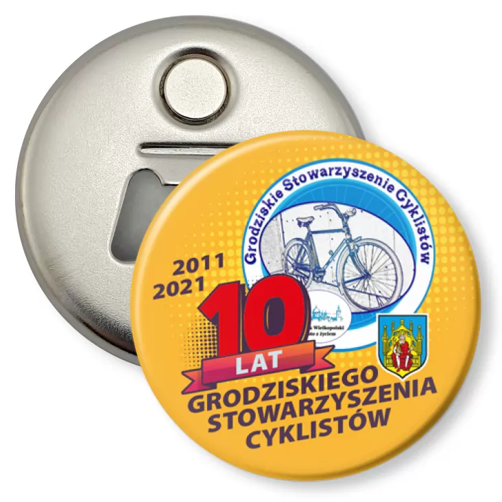przypinka otwieracz-magnes 10 lat Grodziskiego Stowarzyszenia Cyklistów