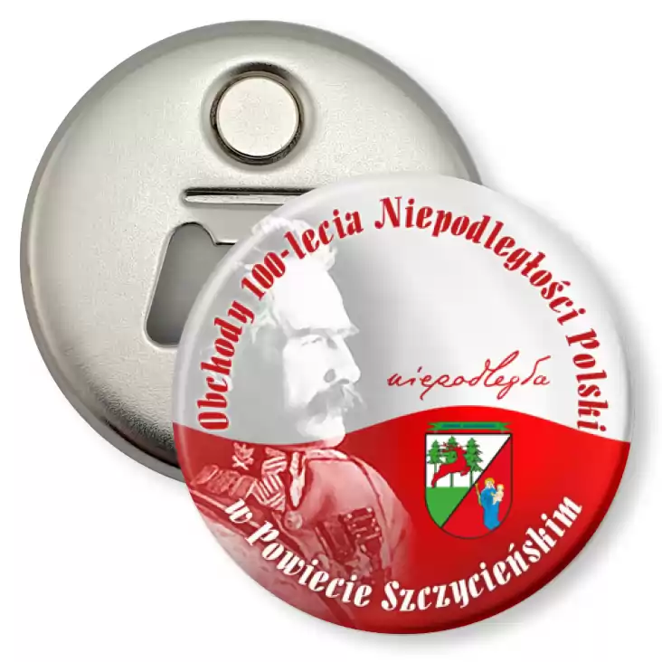przypinka otwieracz-magnes 100 lat Niepodległości w Powiecie Szczycieńskim
