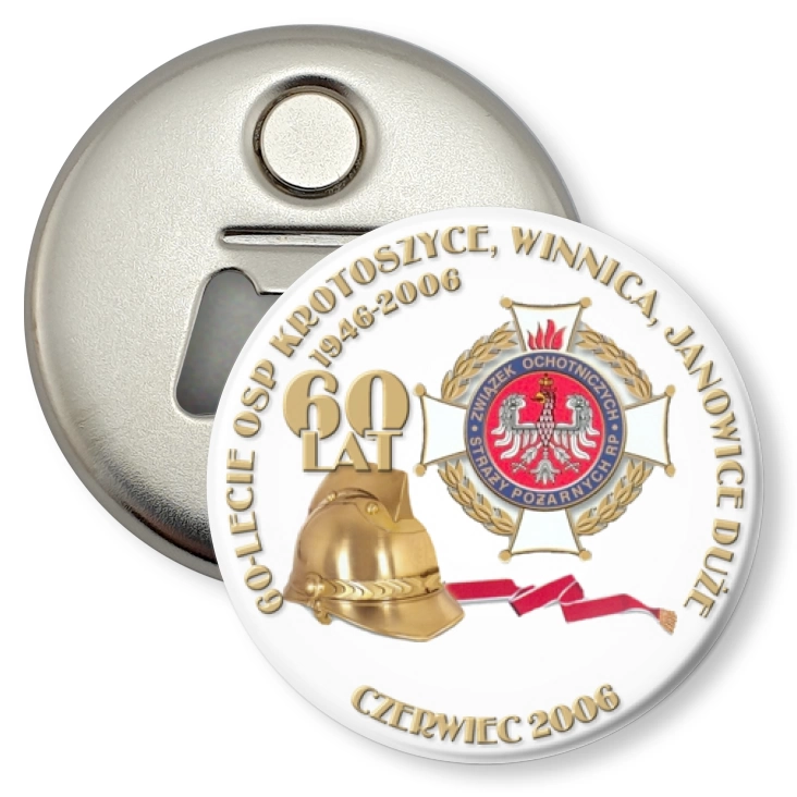 przypinka otwieracz-magnes 60-lecie OSP Krotoszyce, Winnica, Janowice Duże