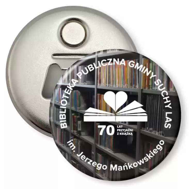 przypinka otwieracz-magnes Biblioteka Gminy Suchy Las