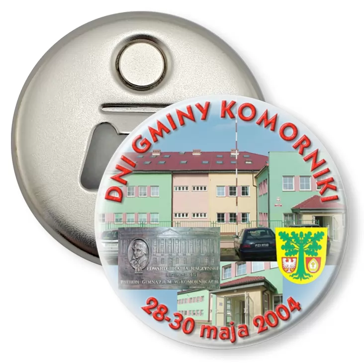 przypinka otwieracz-magnes Dni Gminy Komorniki 2004
