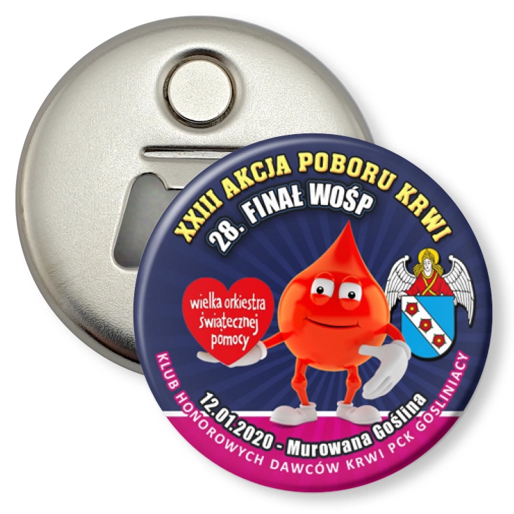 przypinka otwieracz-magnes Gośliniacy - XXIII Akcja Poboru Krw