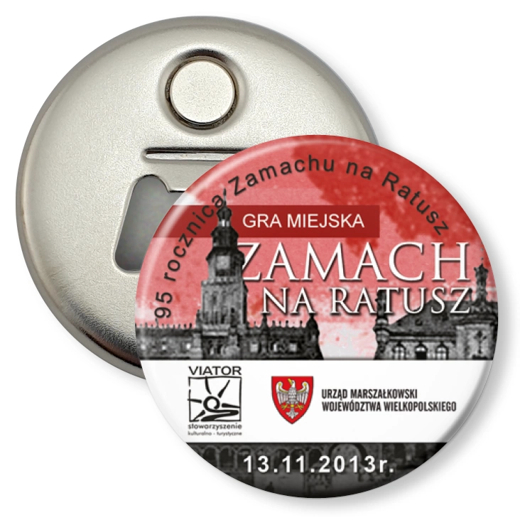 przypinka otwieracz-magnes Gra Miejska - Zamach na Ratusz