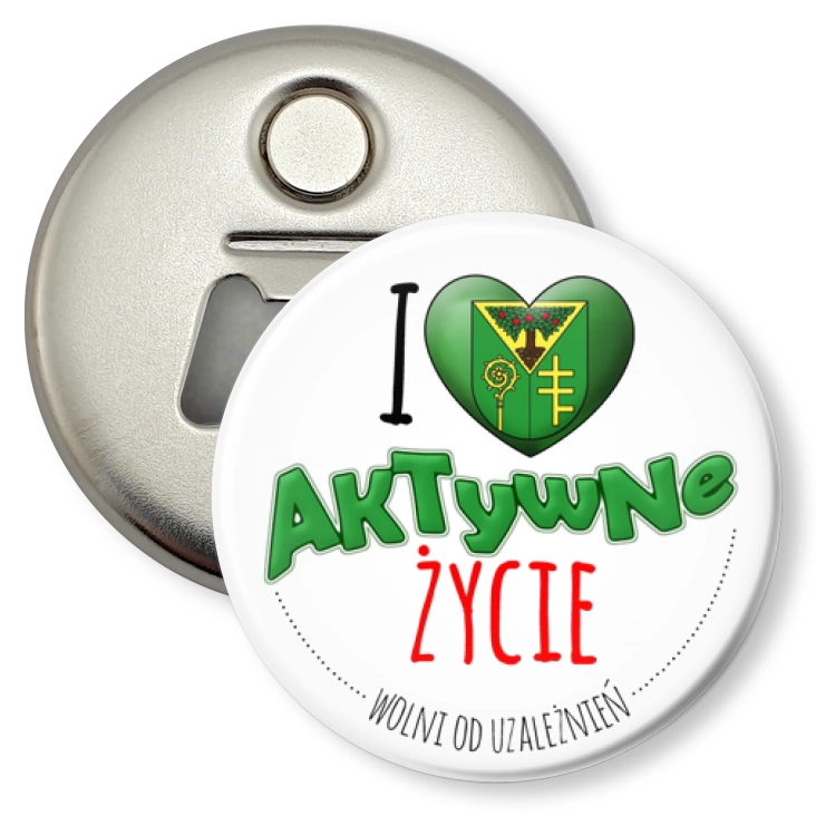 przypinka otwieracz-magnes I love aktywne życie