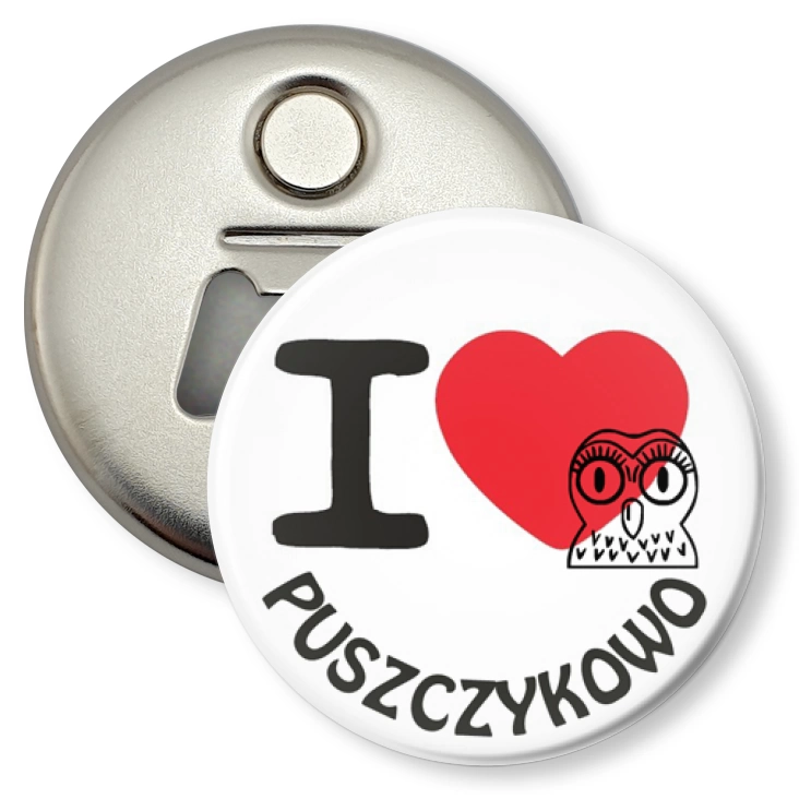 przypinka otwieracz-magnes I love Puszczykowo