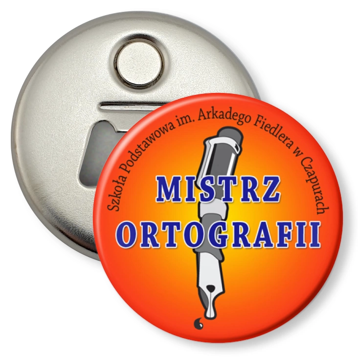 przypinka otwieracz-magnes Mistrz ortografii