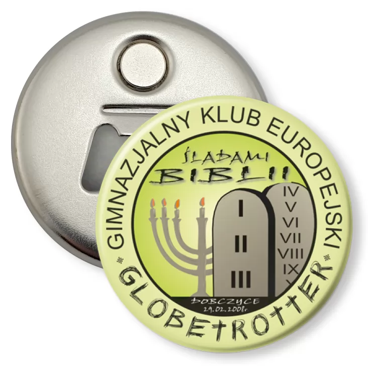 przypinka otwieracz-magnes Śladami Biblii - Globetroter Dobczyce 2008