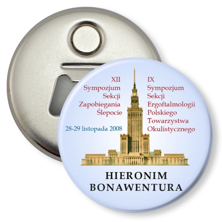 przypinka otwieracz-magnes Sympozujm Zapobiegania Ślepocie