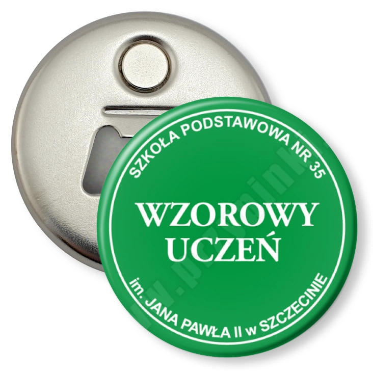 przypinka otwieracz-magnes Wzorowy Uczeń SP35 Szczecin - zielony