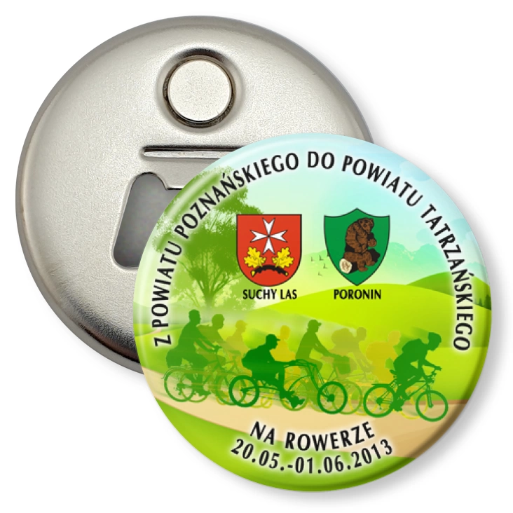 przypinka otwieracz-magnes Z powiatu poznańskiego do powiatu tatrzańskiego na rowerze