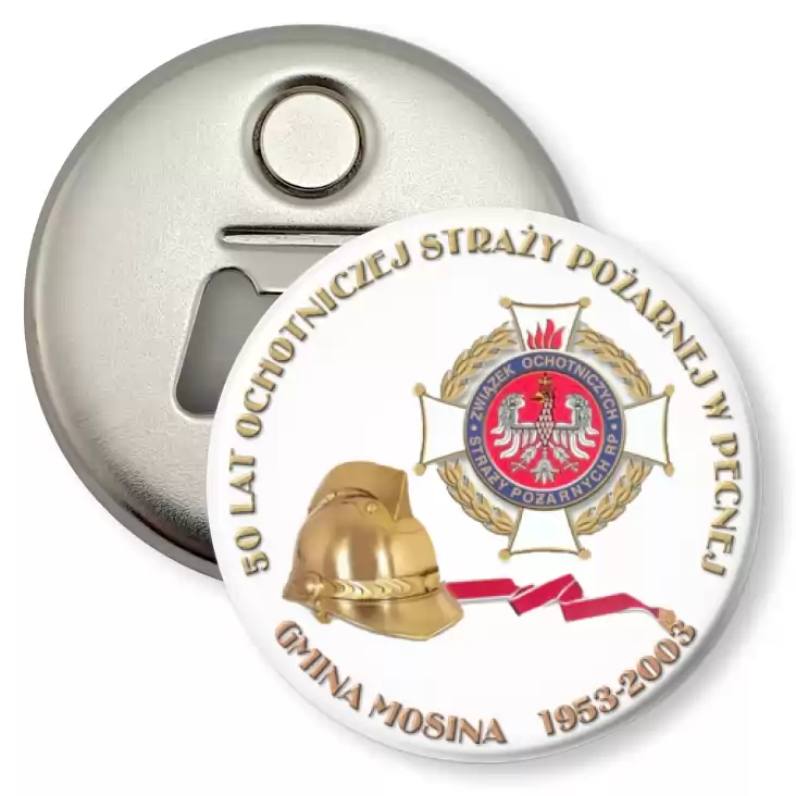 przypinka otwieracz-magnes 50 lat Ochotniczej Straży Pożarnej w Pecnej
