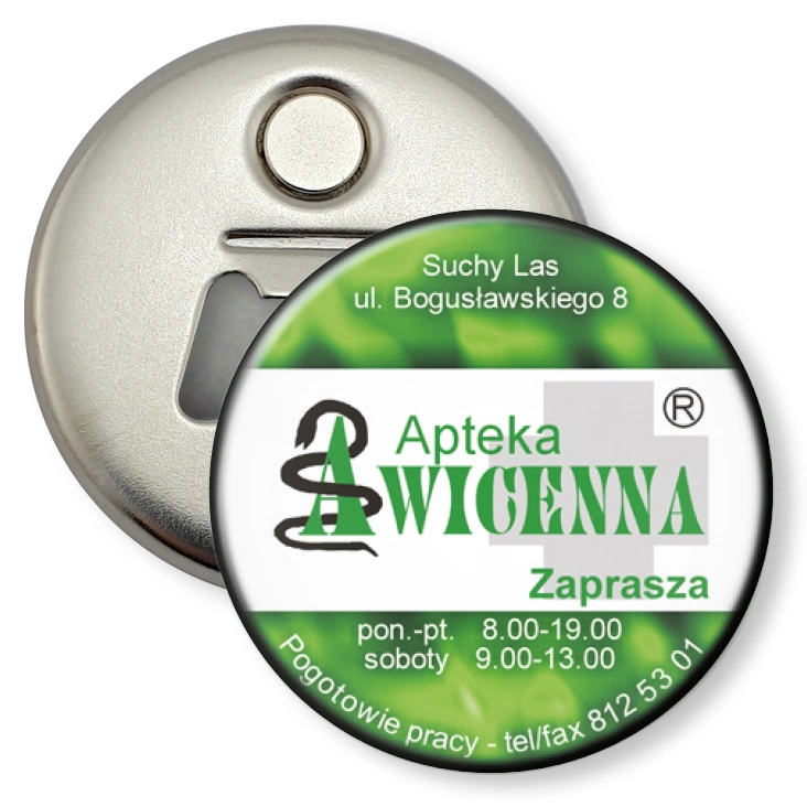 przypinka otwieracz-magnes Apteka Awicenna