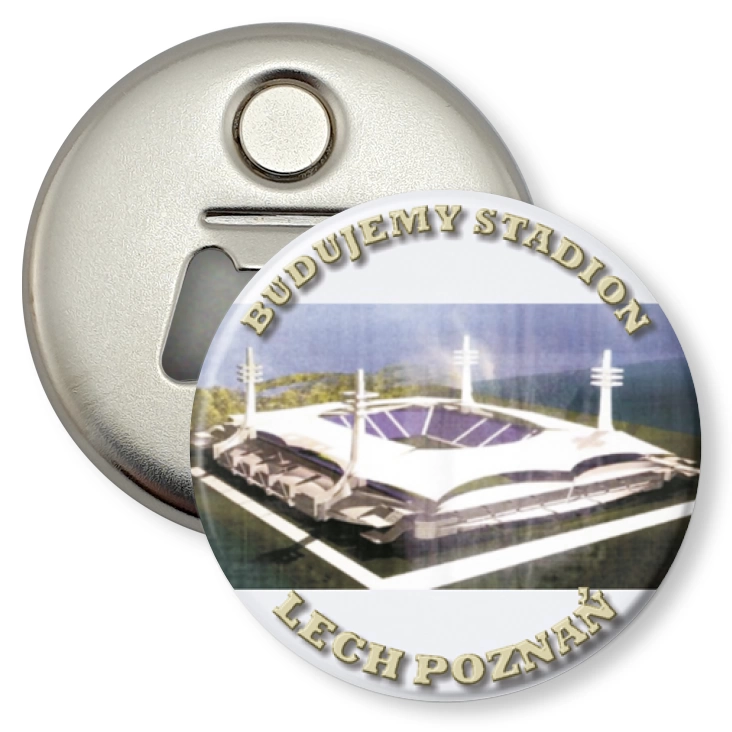 przypinka otwieracz-magnes Budujemy stadion - Lech Poznań