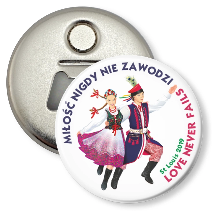 przypinka otwieracz-magnes Love Never Fails
