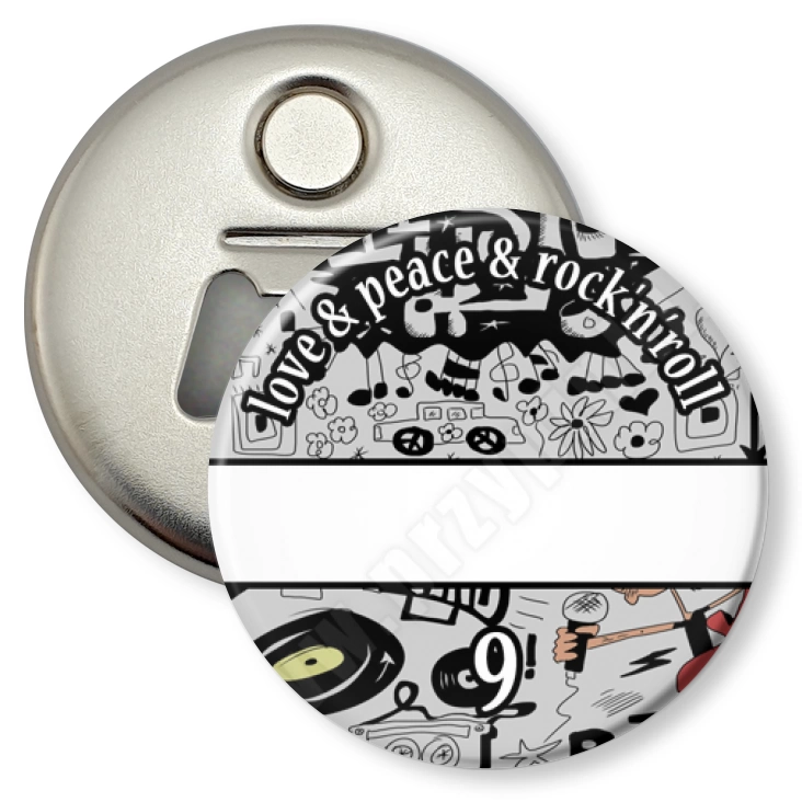 przypinka otwieracz-magnes love and peace and rock and roll