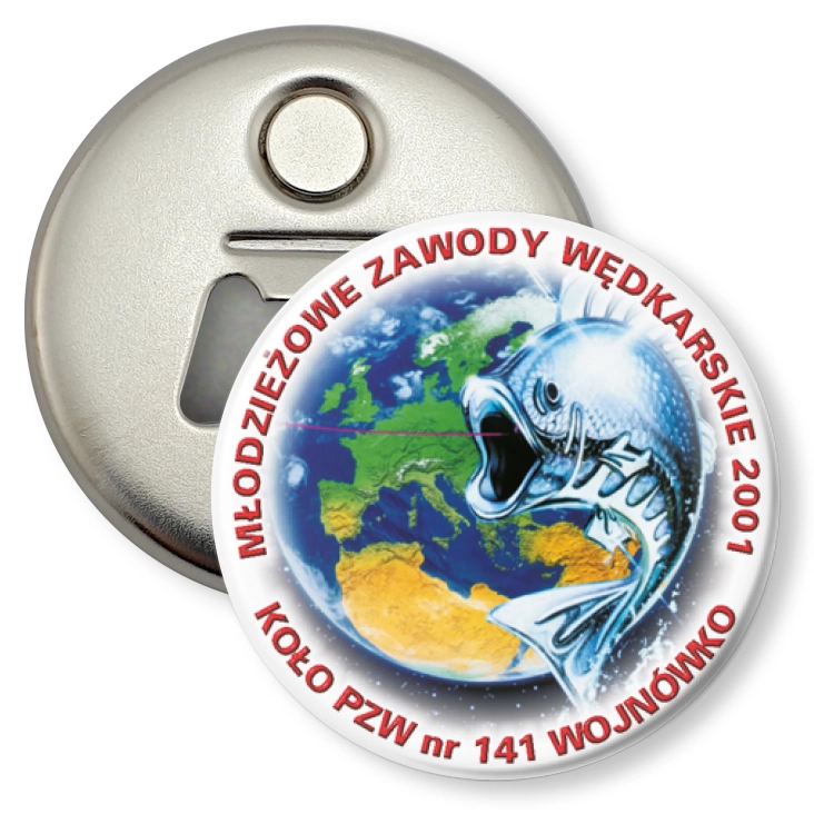 przypinka otwieracz-magnes Młodzieżowe Zawody Wędkarskie 2001