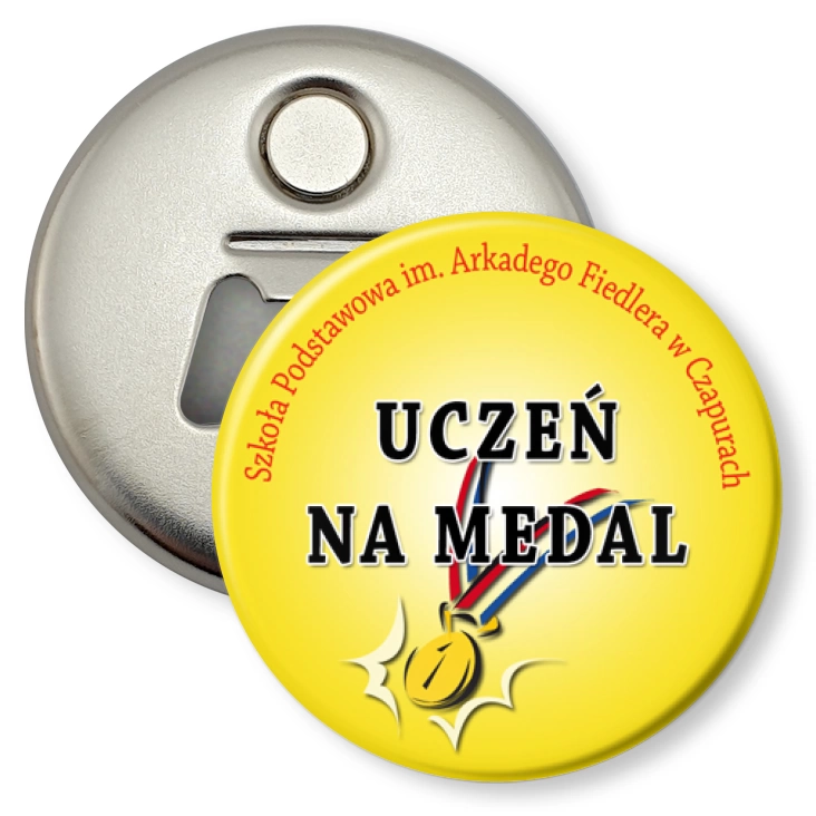 przypinka otwieracz-magnes Uczeń na medal