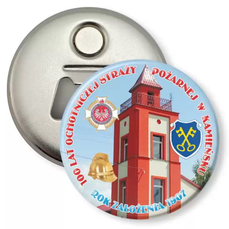 przypinka otwieracz-magnes 100 Lat Ochotniczej Straży Pożarnej w Kamieńsku