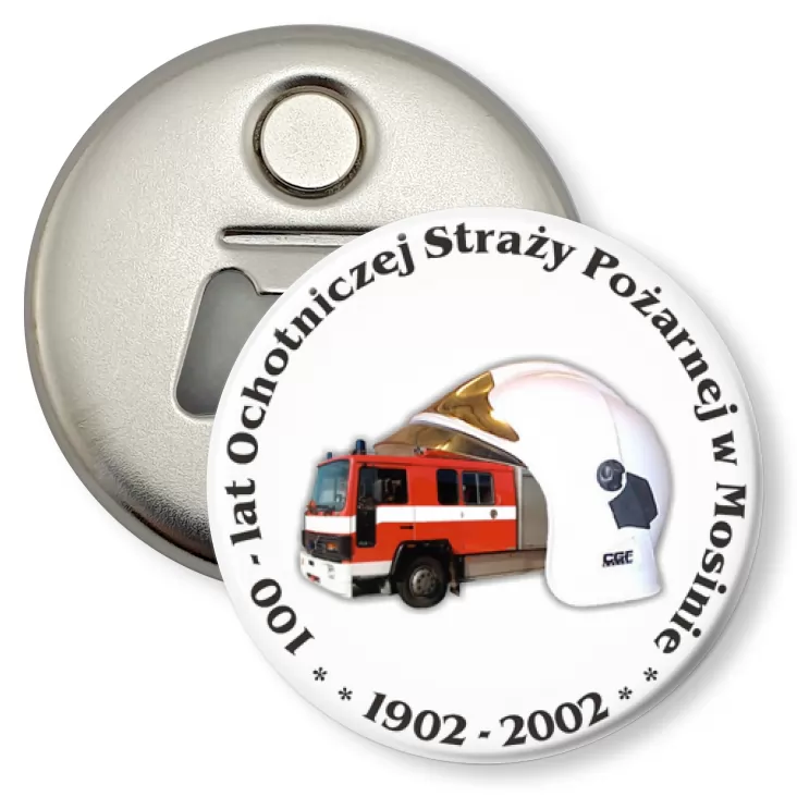 przypinka otwieracz-magnes 100-lat Ochotniczej Straży Pożarnej w Mosinie