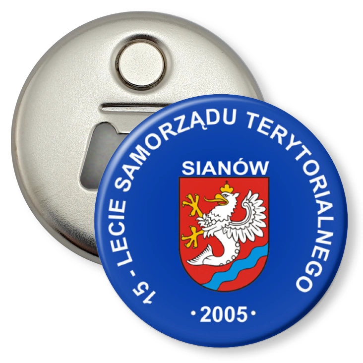przypinka otwieracz-magnes 15-lecie Samorządu Terytorialnego Sianów
