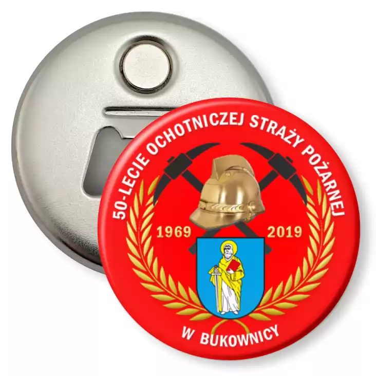 przypinka otwieracz-magnes 50 lat OSP w Bukownicy