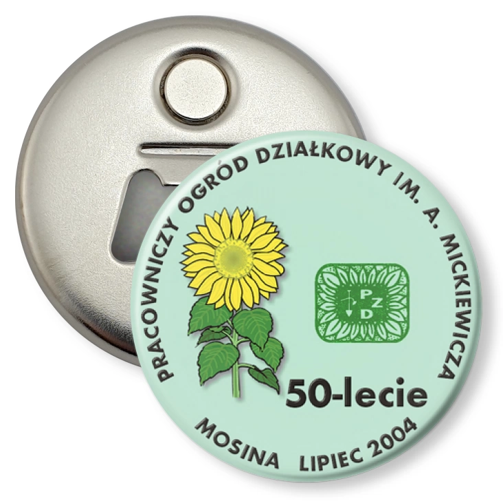 przypinka otwieracz-magnes 50-lecie Pracowniczego Ogrodu Działkowego