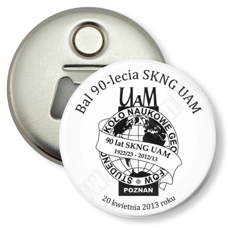 przypinka otwieracz-magnes Bal 90-lecia SKNG UAM