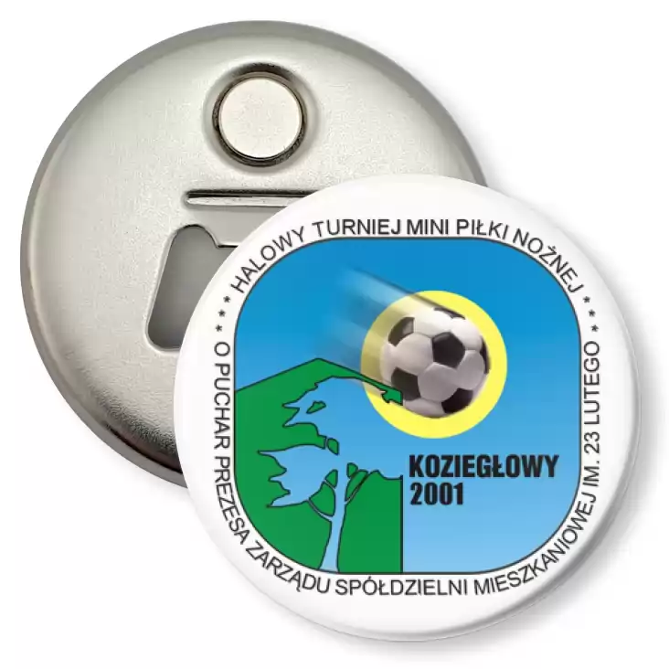 przypinka otwieracz-magnes Halowy turniej mini piłki nożnej - Koziegłowy 2001