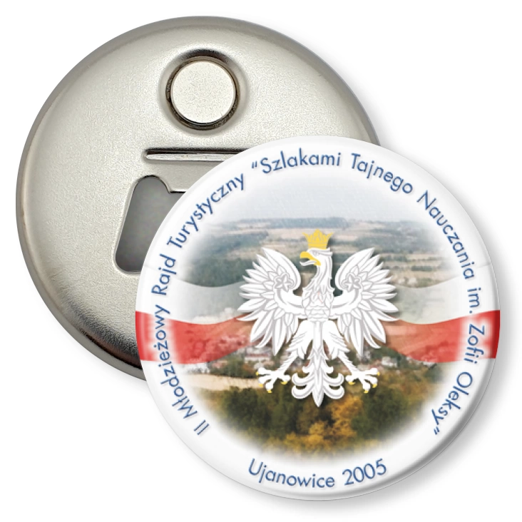 przypinka otwieracz-magnes II Młodzieżowy Rajd Turystyczny - Ujanowice 2005