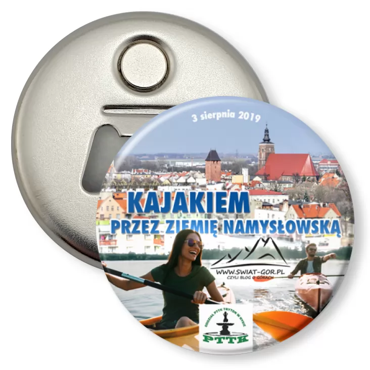 przypinka otwieracz-magnes Kajakiem przez ziemię namysłowską