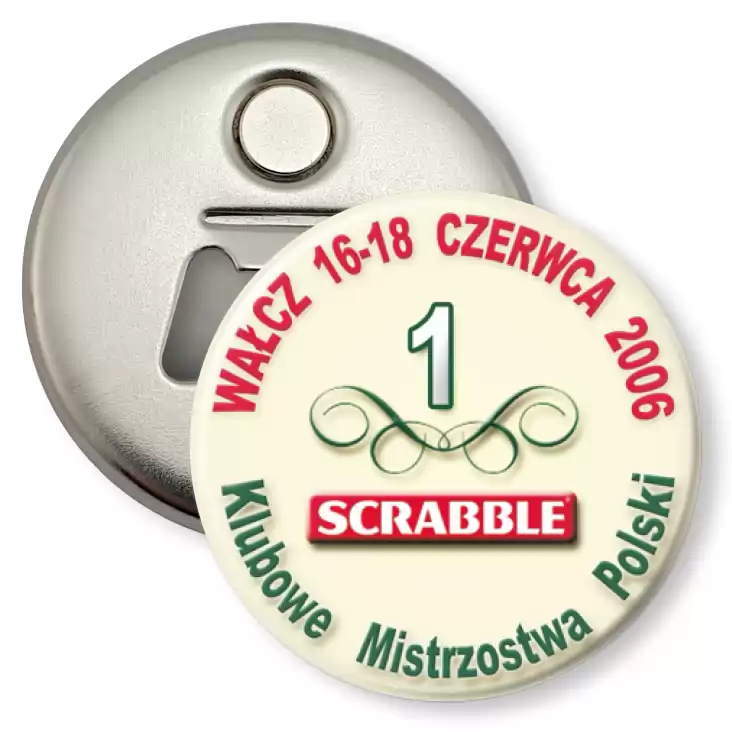 przypinka otwieracz-magnes Klubowe Mistrzostwa Polski -  Scrabble 2006