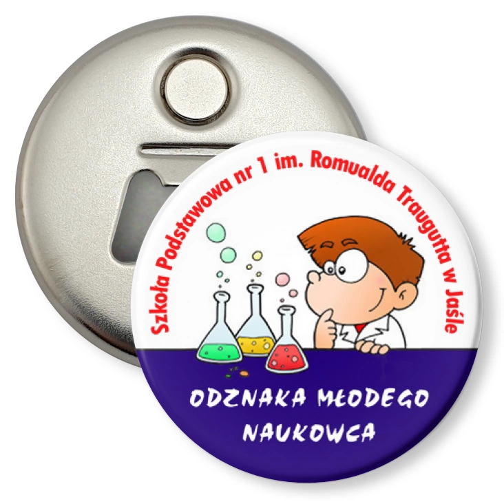 przypinka otwieracz-magnes Odznaka Młodego Naukowca