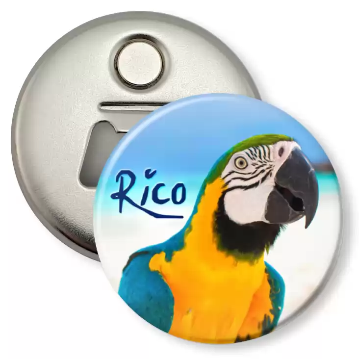przypinka otwieracz-magnes Papugarnia Carmen - Rico