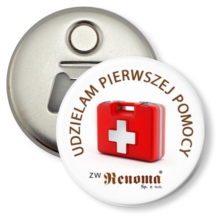 przypinka otwieracz-magnes Pierwsza Pomoc - Renoma