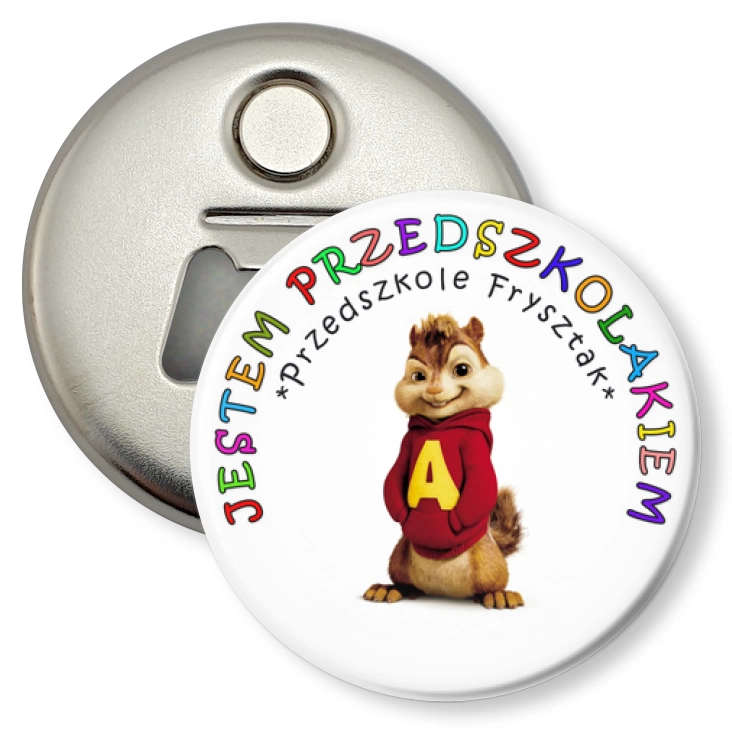 przypinka otwieracz-magnes Przedszkole Frysztak - wiewiórki