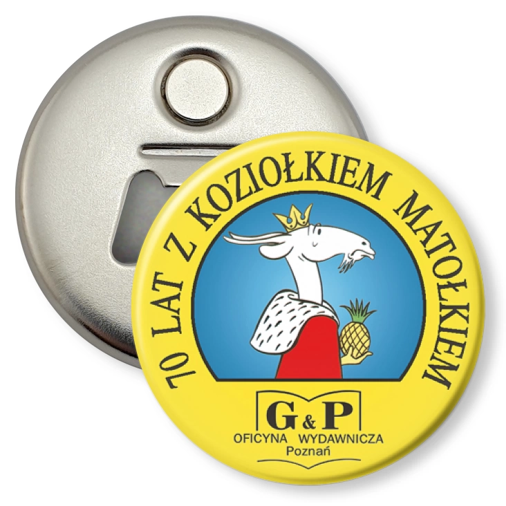 przypinka otwieracz-magnes 70 lat z Koziołkiem Matołkiem