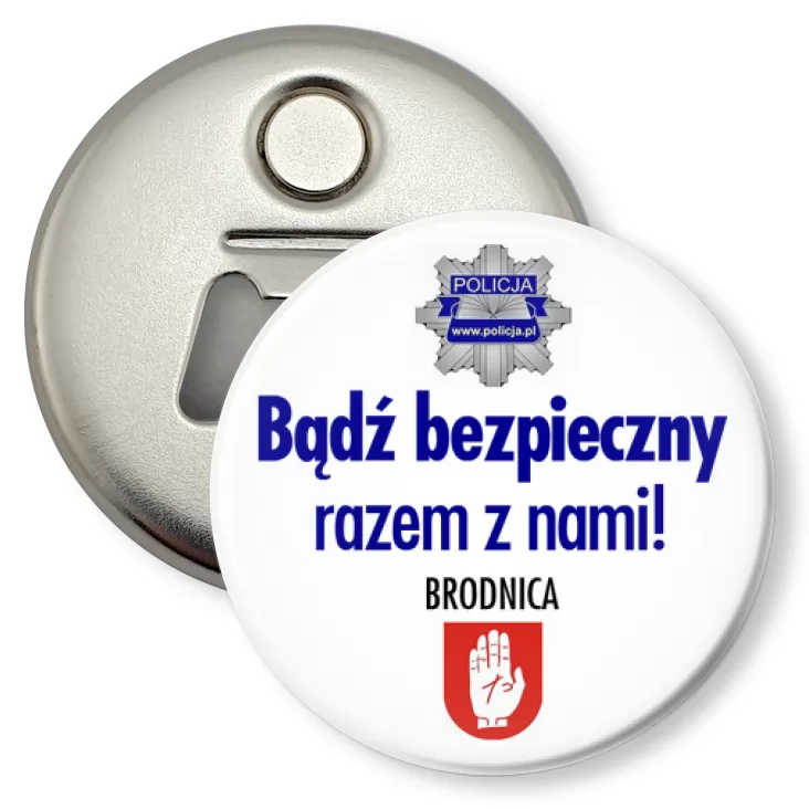przypinka otwieracz-magnes Bądź bezpieczny