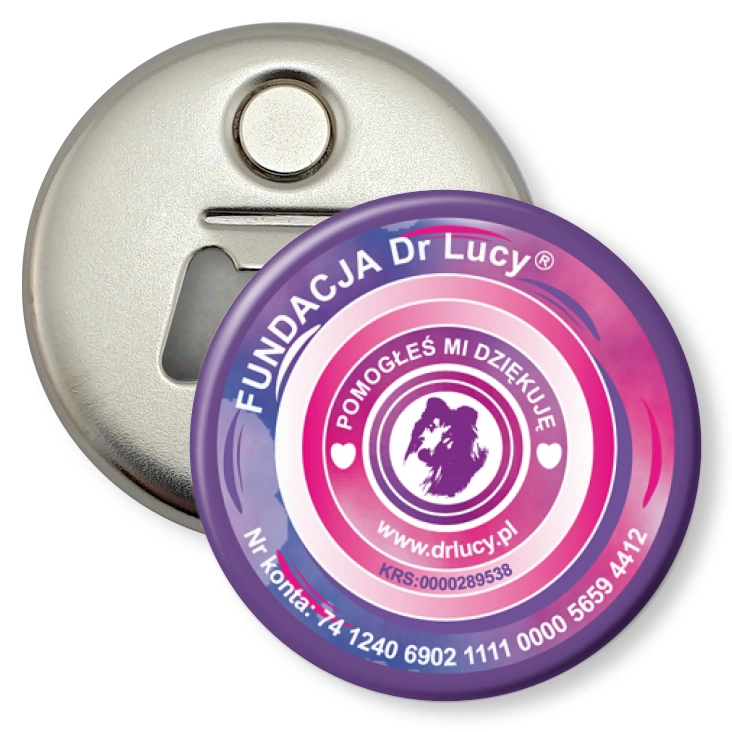 przypinka otwieracz-magnes Fundacja Dr Lucy