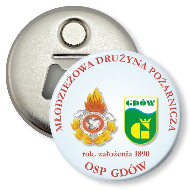 przypinka otwieracz-magnes Gdów - Młodzieżowa Drużyna Pożarnicza