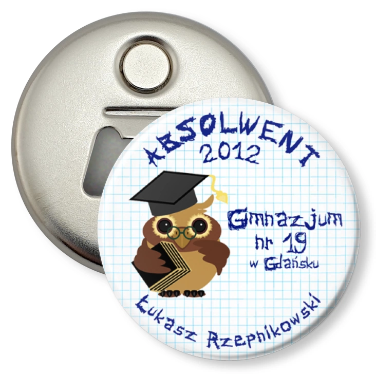 przypinka otwieracz-magnes Gimnazjum nr 19 w Gdańsku