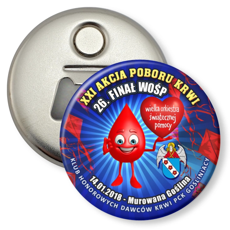 przypinka otwieracz-magnes Gośliniacy - XXI Akcja Poboru Krwi