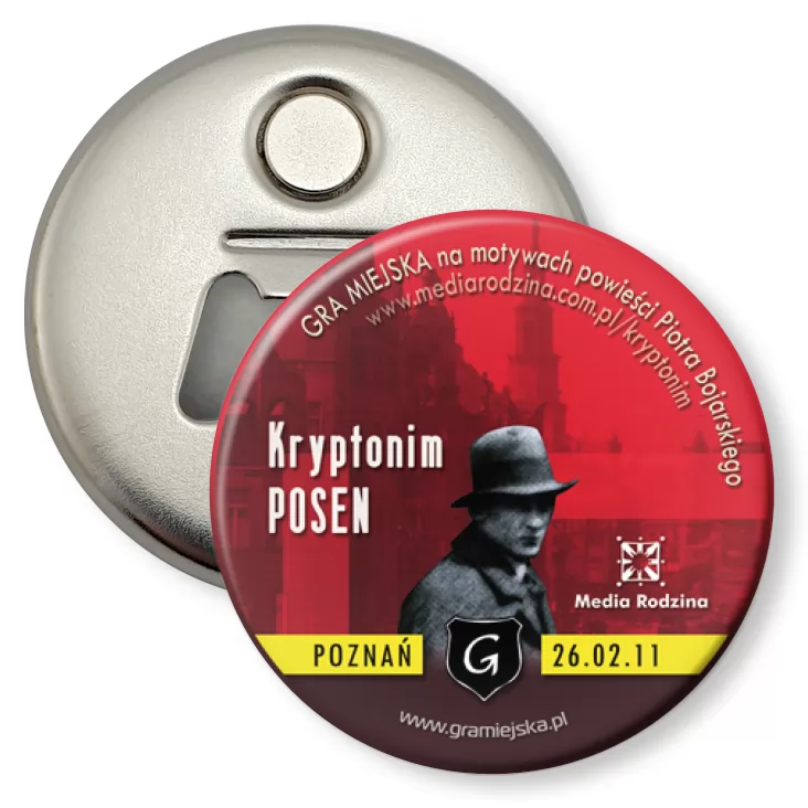 przypinka otwieracz-magnes Gra Miejska - Kryptonim Posen