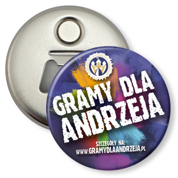 przypinka otwieracz-magnes Gramy dla Andrzeja